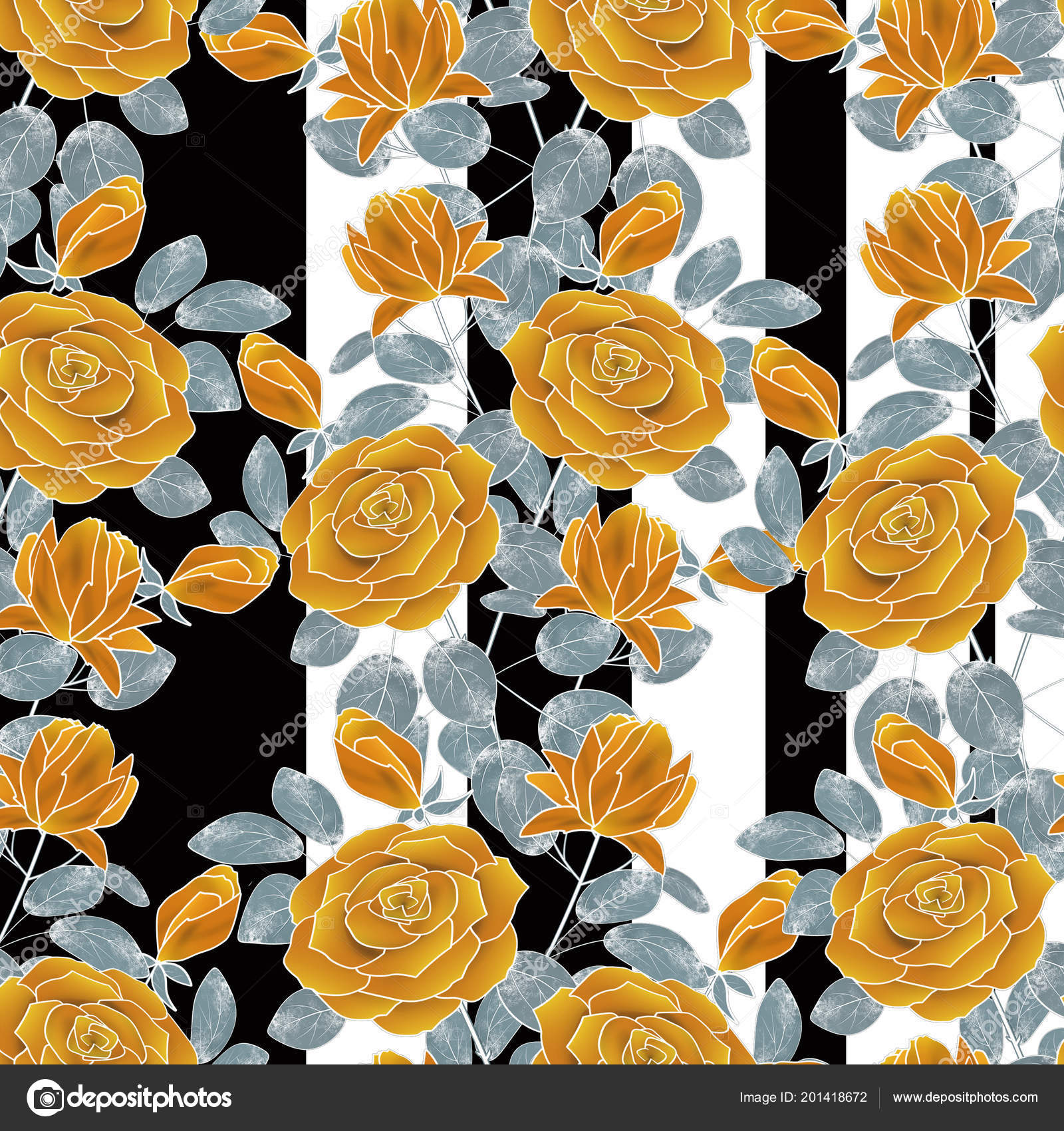Seamless Floral Pattern Yellow Roses Striped Black White