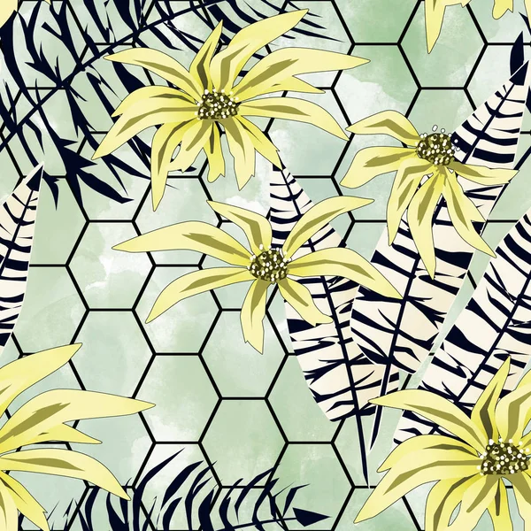 Seamless tropical pattern. Yellow flowers, black and white leaves on a light green background.