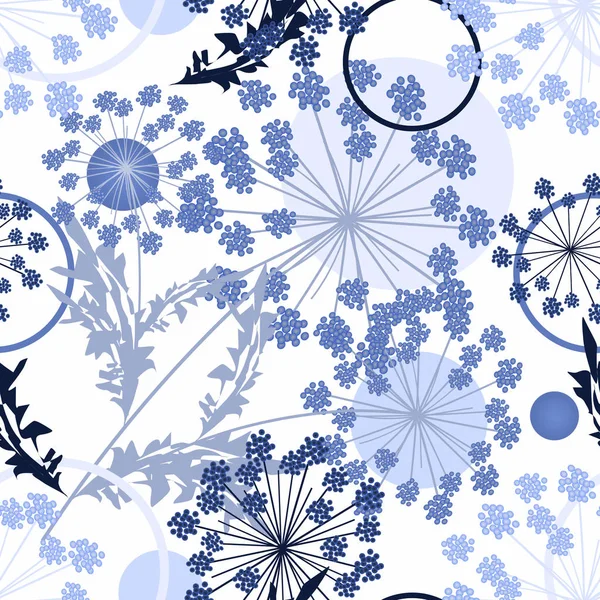 Seamless tropical pattern. Blue flowers, leaves on white background.