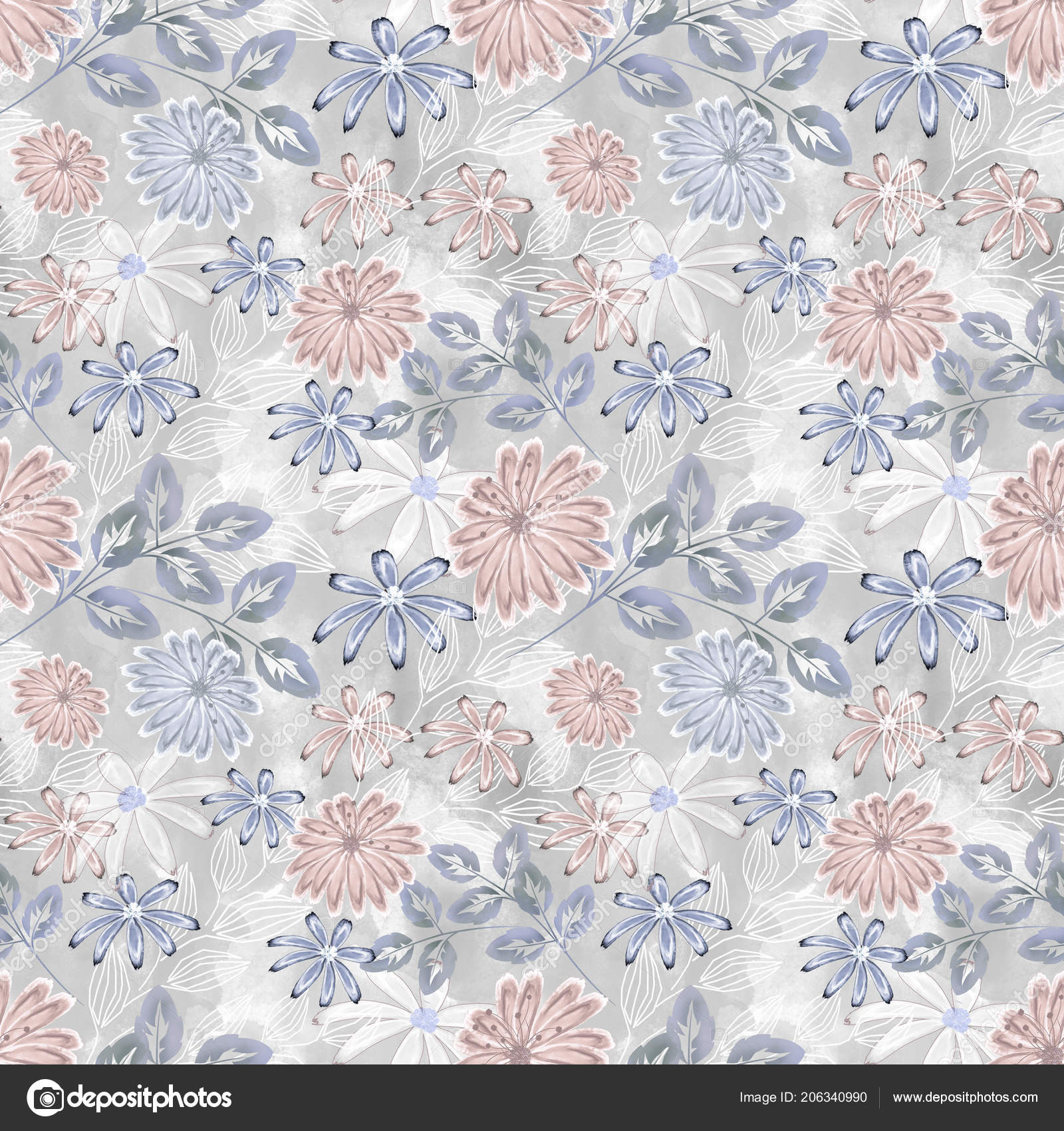 Seamless Floral Pattern Light Blue Pink Flowers Light Grey Background Stock Photo Image By C Brusnika9 206340990