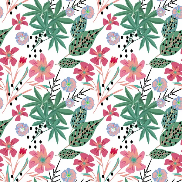 Seamless colorful tropical floral pattern on white background.