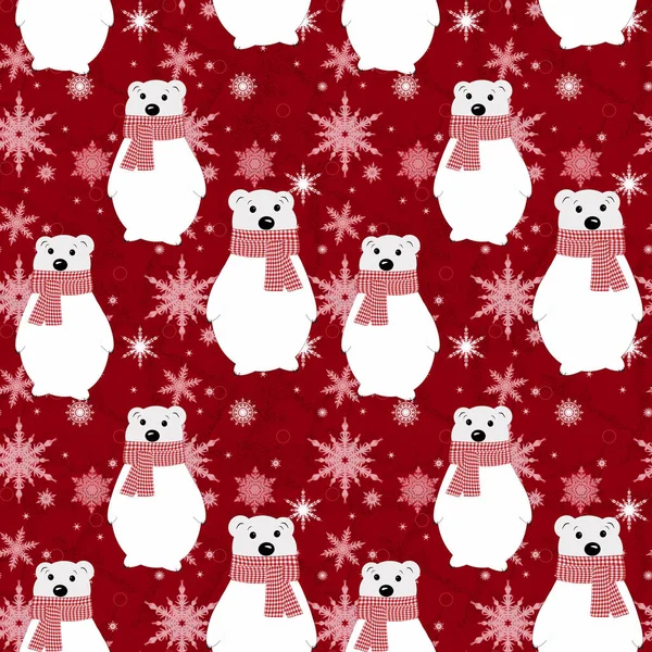 Seamless Christmas pattern. Cartoon polar bear, snowflakes on a red background.