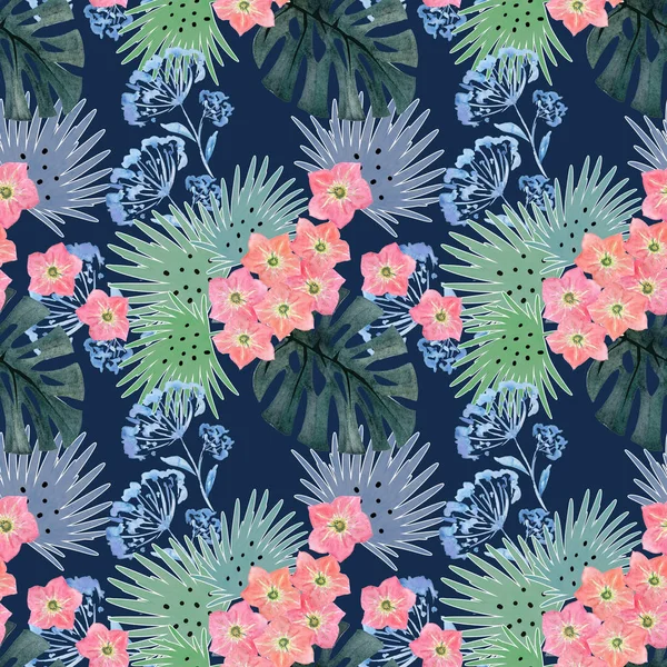Seamless tropical floral pattern. Palm leaves, exotic flowers, twigs on blue
