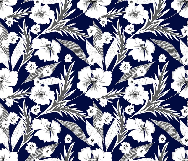 Padrão Retro Floral Sem Costura Flores Brancas Fundo Azul Escuro — Fotografia de Stock