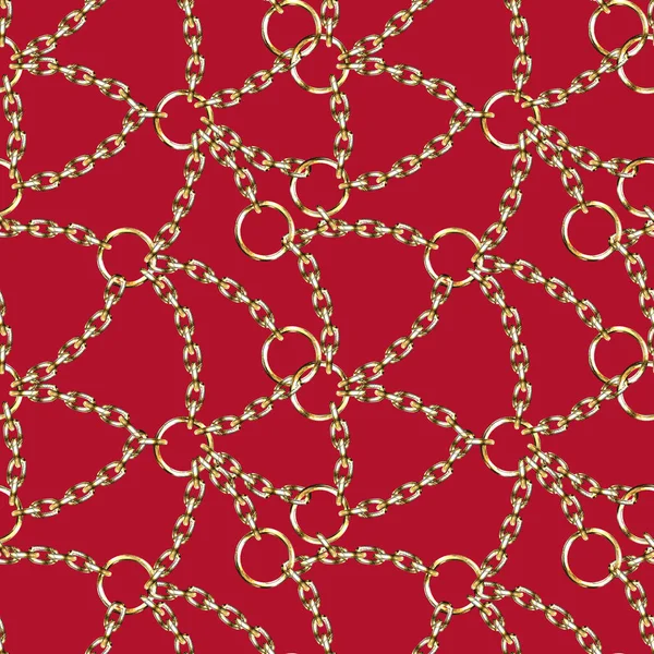 Seamless abstract pattern with gold chains on red background.