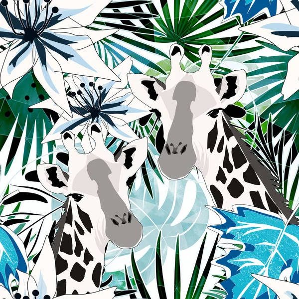 Seamless tropical pattern with giraffes in the background of the rainforest.