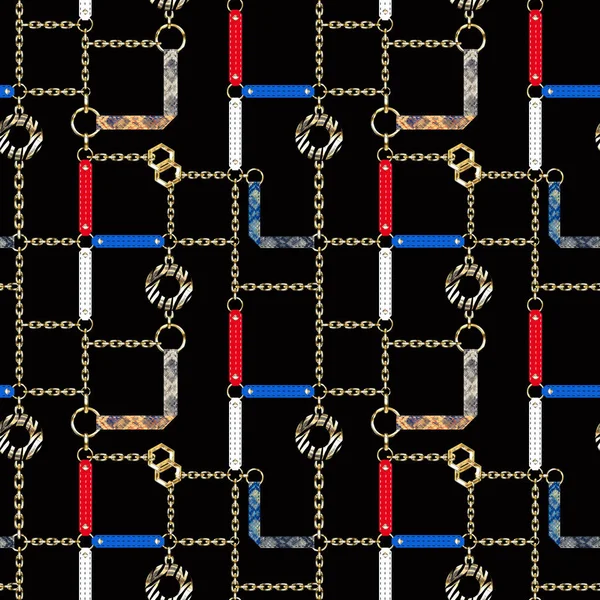 Seamless pattern with metal chains, leather colored straps.