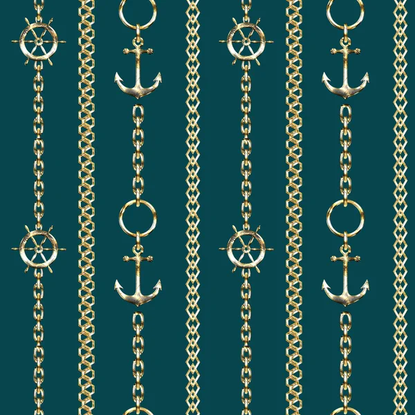Seamless pattern with metal chains, anchors and steering wheel on turquoise background.