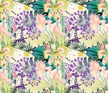 Sorunsuz tropikal çiçek desenli. Orkide, hafif bir arka plan üzerinde süsen.