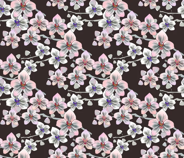 Seamless tropical floral pattern. Pink Orchid on black background.