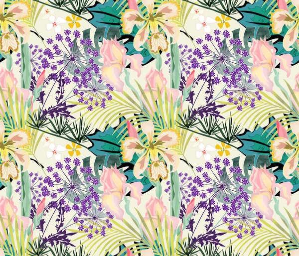 Sorunsuz tropikal çiçek desenli. Orkide, hafif bir arka plan üzerinde süsen.