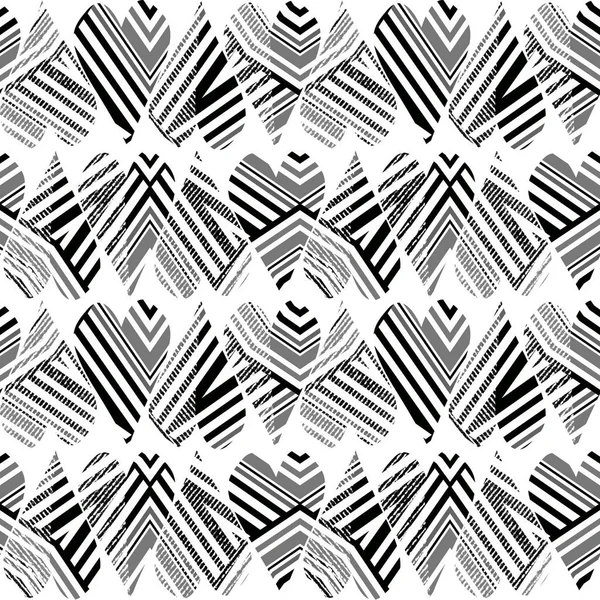 Seamless abstract pattern with black and white striped hearts.