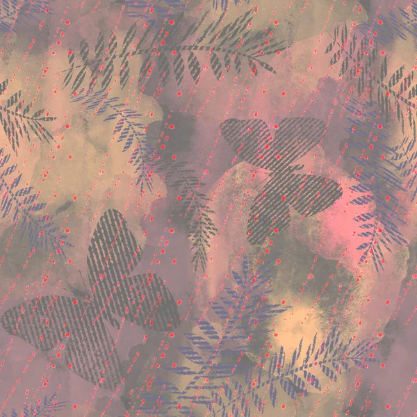 Seamless Tropical abstract pattern. Butterflies, palm leaves on a gray, pink background.