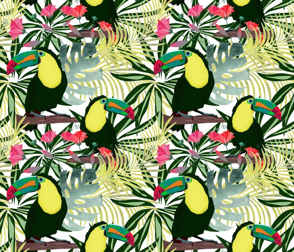 Seamless tropical pattern with birds toucans on the background of the flowers of the leaves.