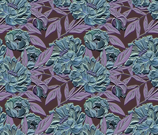 Seamless retro floral pattern. Turquoise peonies on a dark background.
