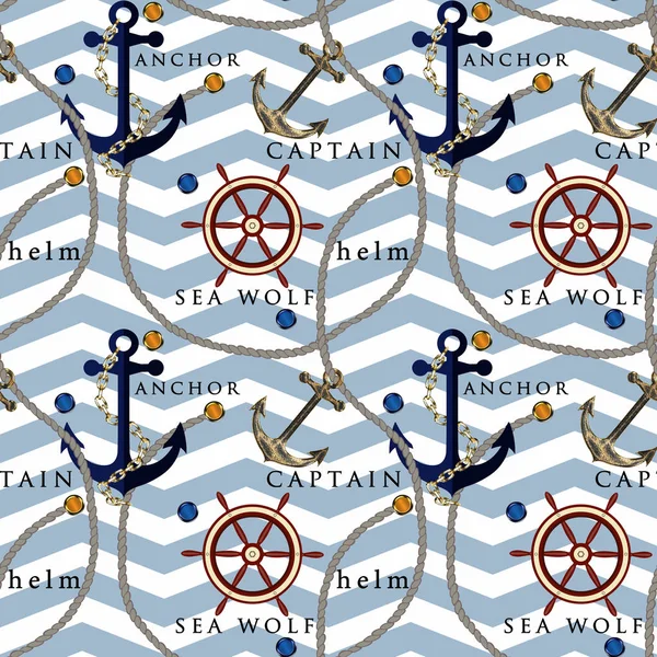Seamless sea pattern featuring anchor, helm, ropes on white and blue striped background.