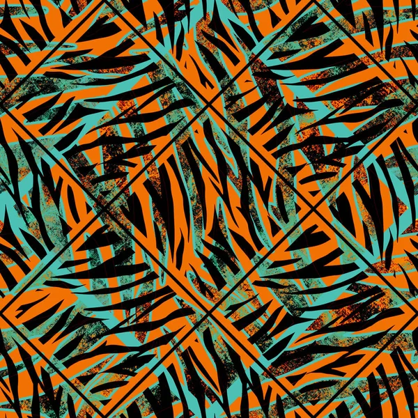 Seamless abstract tiger pattern with a watercolor effect. Turquoise, orange stripes on black
