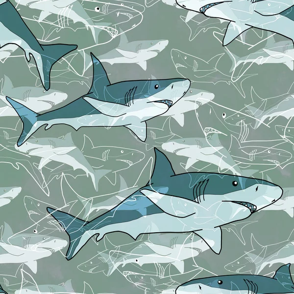 无缝抽象的海模式与鲨鱼 光背景 — 图库照片