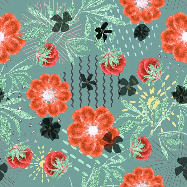 Retro seamless floral pattern. Orange flowers on turquoise background.