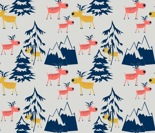 Seamless Christmas pattern. Funny deer, Christmas trees, mountains on a light gray background.