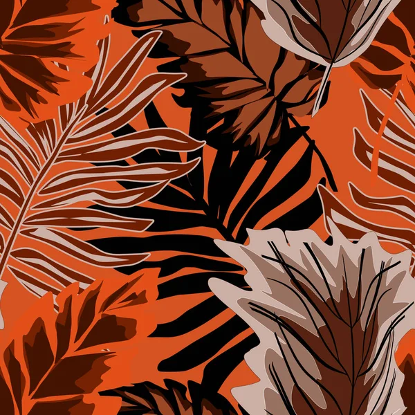 Seamless stylish tropical pattern. Palm tree, tropical leaves on orange background.