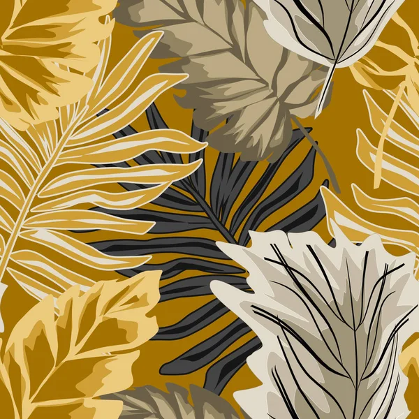 Seamless tropical pattern. Palm leaves on mustard background.