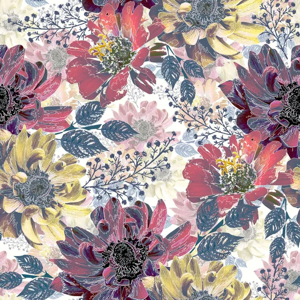 Seamless retro floral pattern. Yellow, maroon flowers on a light background.