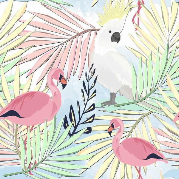 Seamless tropical pattern. Birds pink flamingos, cockatoo parakeet with palm leaves.