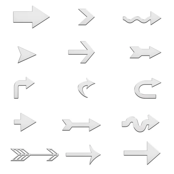 在白色背景上设置金属箭头 银色箭头符号 Chrome 箭头符号为您的网站设计 应用程序 — 图库照片