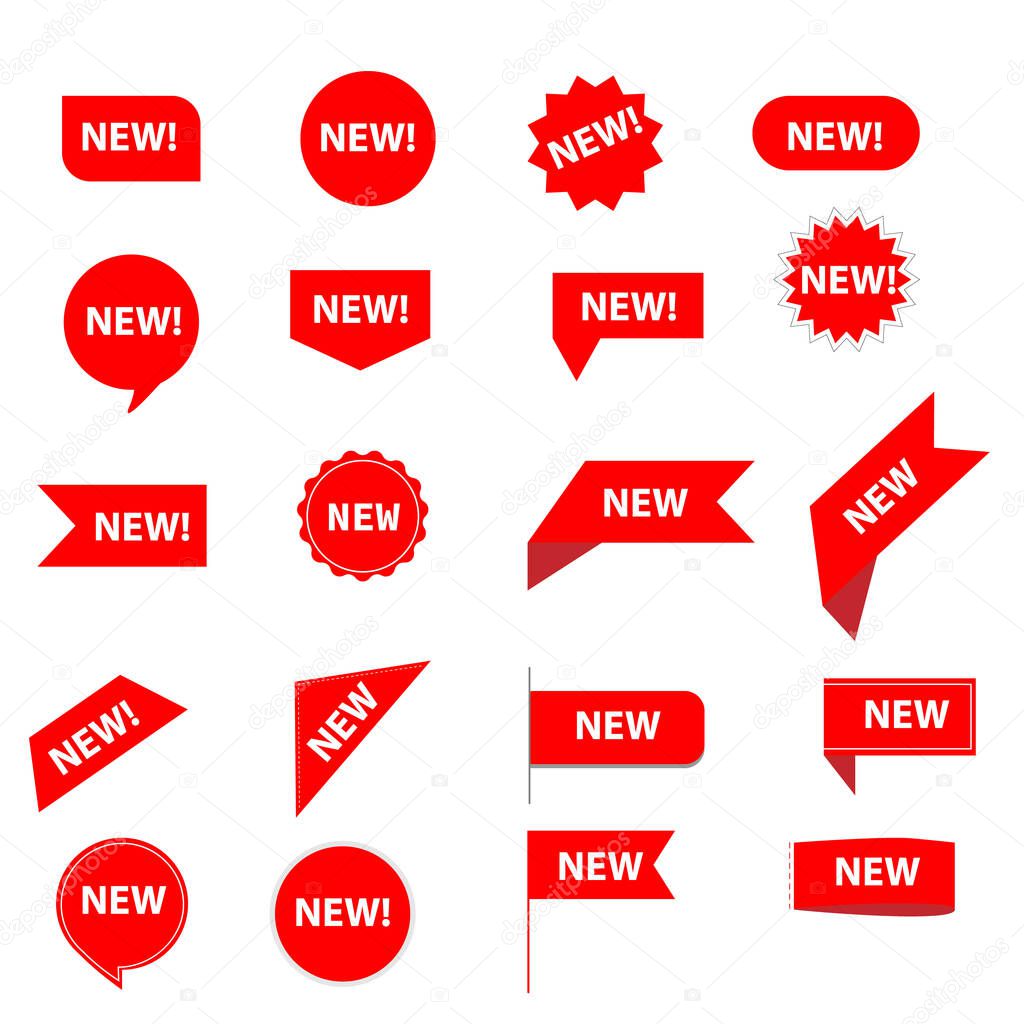 set of new sticker. stickers for new arrival shop product tags. red stickers sign.