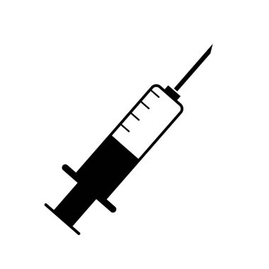 Beyaz zemin üzerinde şırınga enjeksiyon ikonu. Düz stil. Aşı sembolü. Plastik tıbbi şırınga işareti. 
