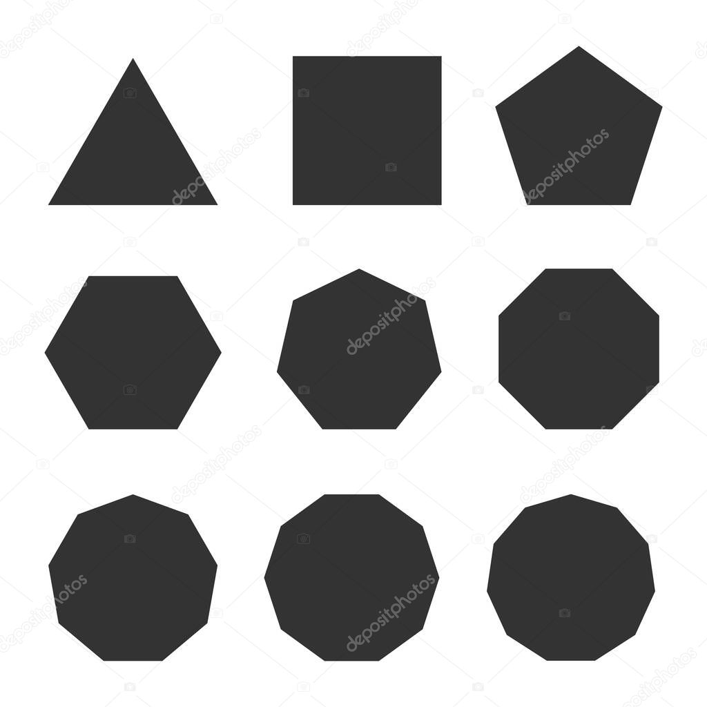 Symbol of line polygon, triangle, quadrilateral, pentagon, hexagon, heptagon, octagon, nonagon, decagon. flat style.