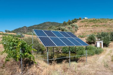 Sustainable technology in agriculture with solar panels providing power for irrigation on a rural farm