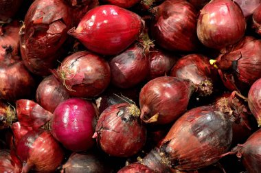 Kırmızı soğan. Sebze. Bir meyve ve sebze dükkandan parçası