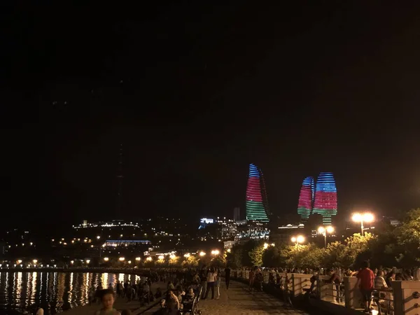 Bandeira Azerbaijão Torre Chamas Panorama Série Baku — Fotografia de Stock