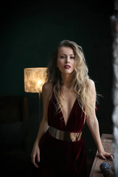 Altın kemer aristokrat daire arka plan üzerinde siyah kadife elbiseli güzel genç sarışın Bayan possing portresi.