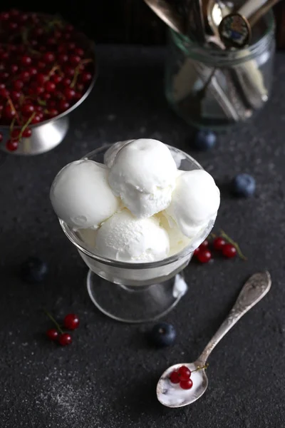 white ice cream with chocolate and red currants