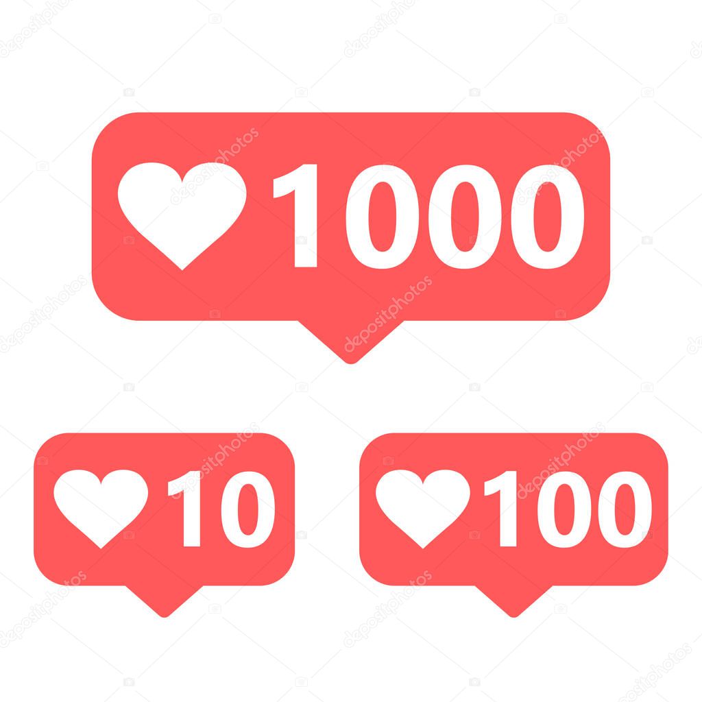 Set of social media icons. 10, 100 and 1000 likes.