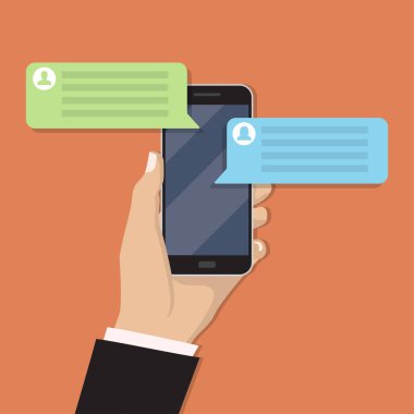 Düz bir tasarımda Smartphone ile sohbet iletisi tutan el.