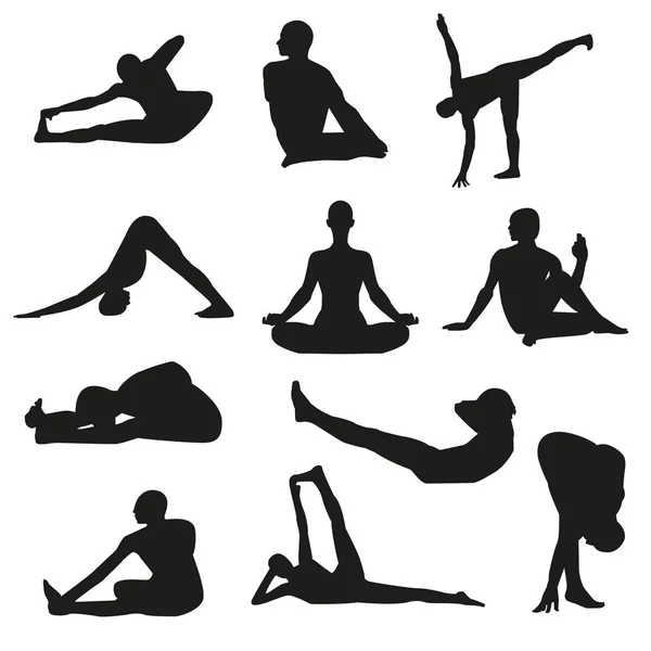 Set Detailed Yoga Poses Postures Silhouettes Vector Illustration — Stock Vector
