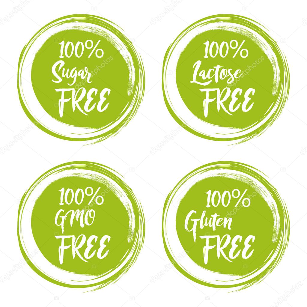 Set of round green labels with text - lactose free, sugar free, gluten free, gmo free.