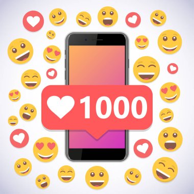 Smartphone with notification 1000 likes and smile for social media. clipart