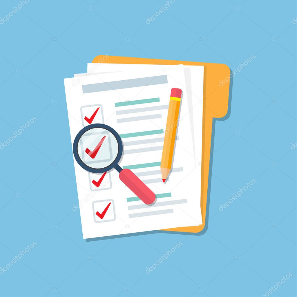 Folder with document checklist, magnify glass and pencil in a flat design. Audit concept.