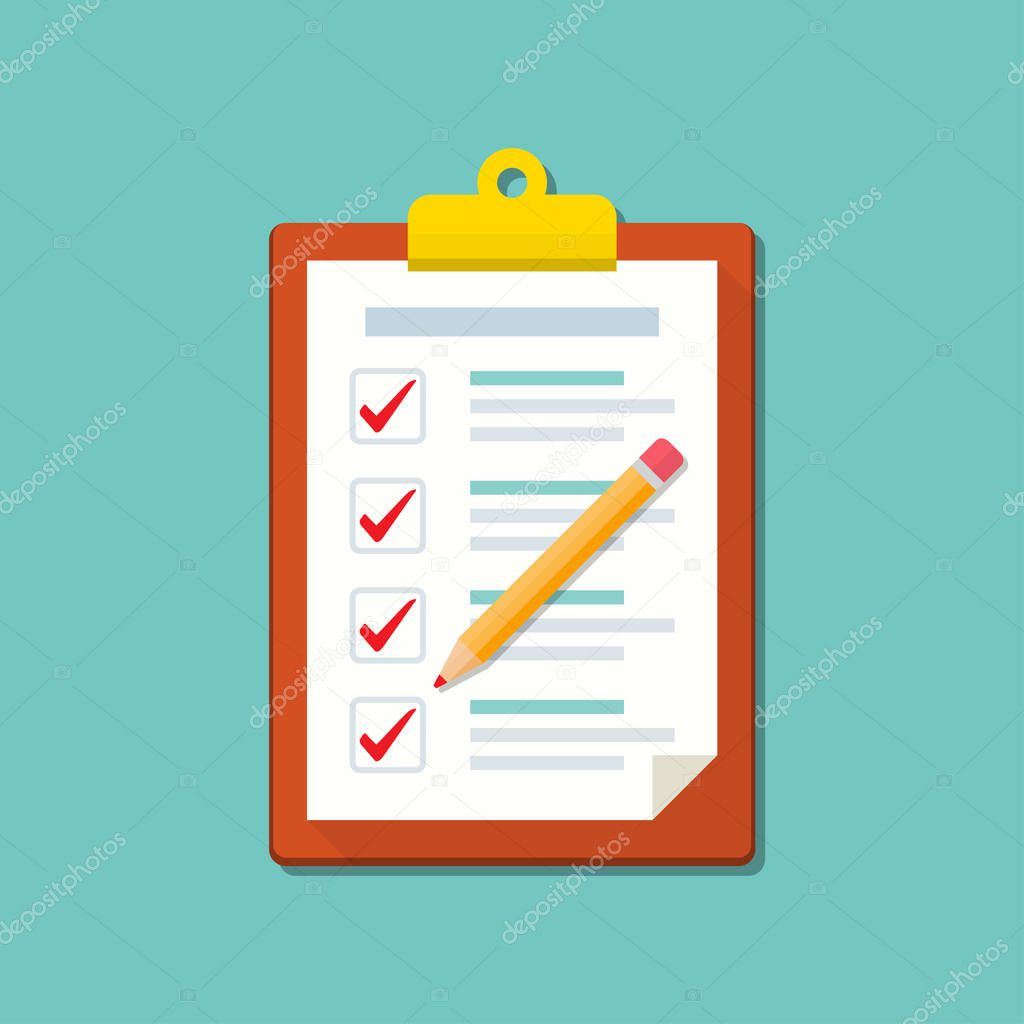 Clipboard with checklist and pencil icon in a flat design.