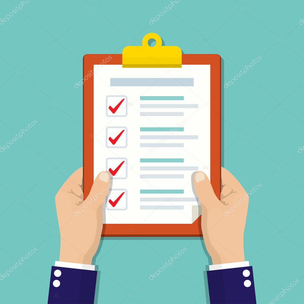 Businessman hands holding clipboard with checklist in a flat design.