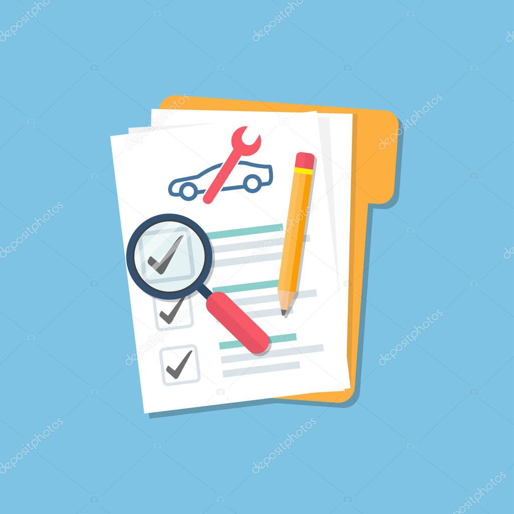 Car folder with document checklist, magnify glass and pencil in a flat design