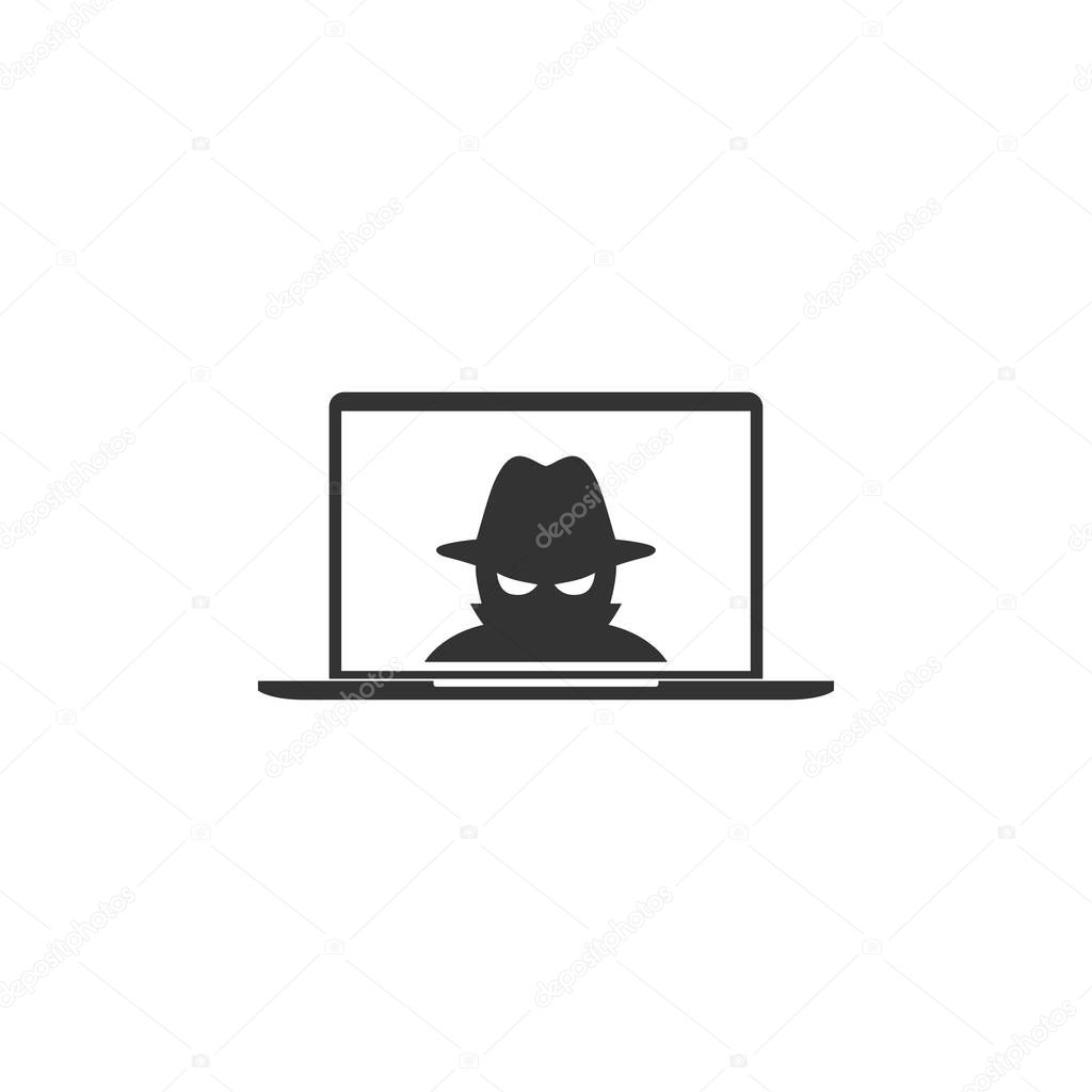 Spy agent in laptop icon in simple design. Vector illustration