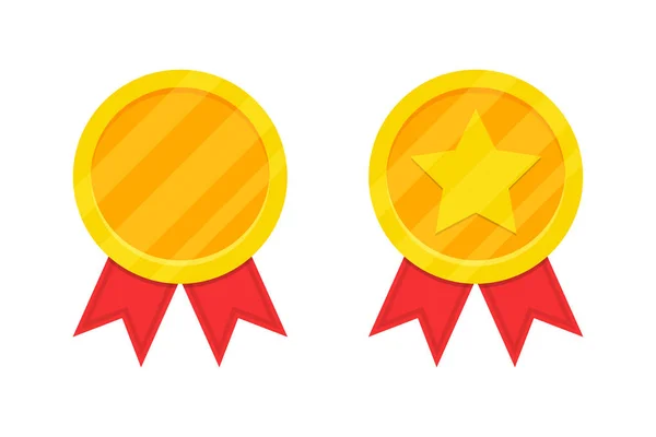 Golden award medal with red ribbon. Vector illustration — Stock Vector