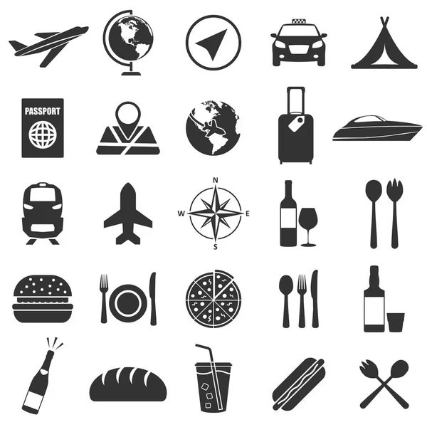 Conjunto de iconos de viaje y comida de diseño sencillo. Ilustración vectorial — Vector de stock