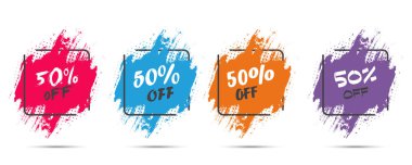 Yarı tonlu düz bir tasarımda yüzde 50 kapalı grunge etiket seti. Satış, promosyon, reklam için